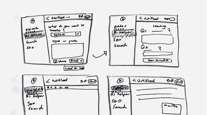 Sketched wireframes for the steps invloved in creating new content