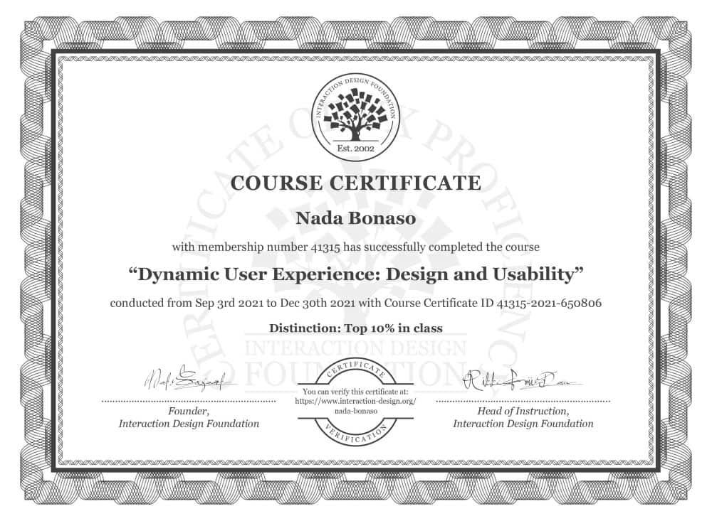 Dynamic User Experience: Design and Usability Certificate