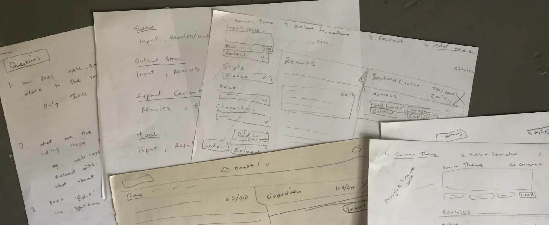 Examples of sketched wireframes and walkthroughs.