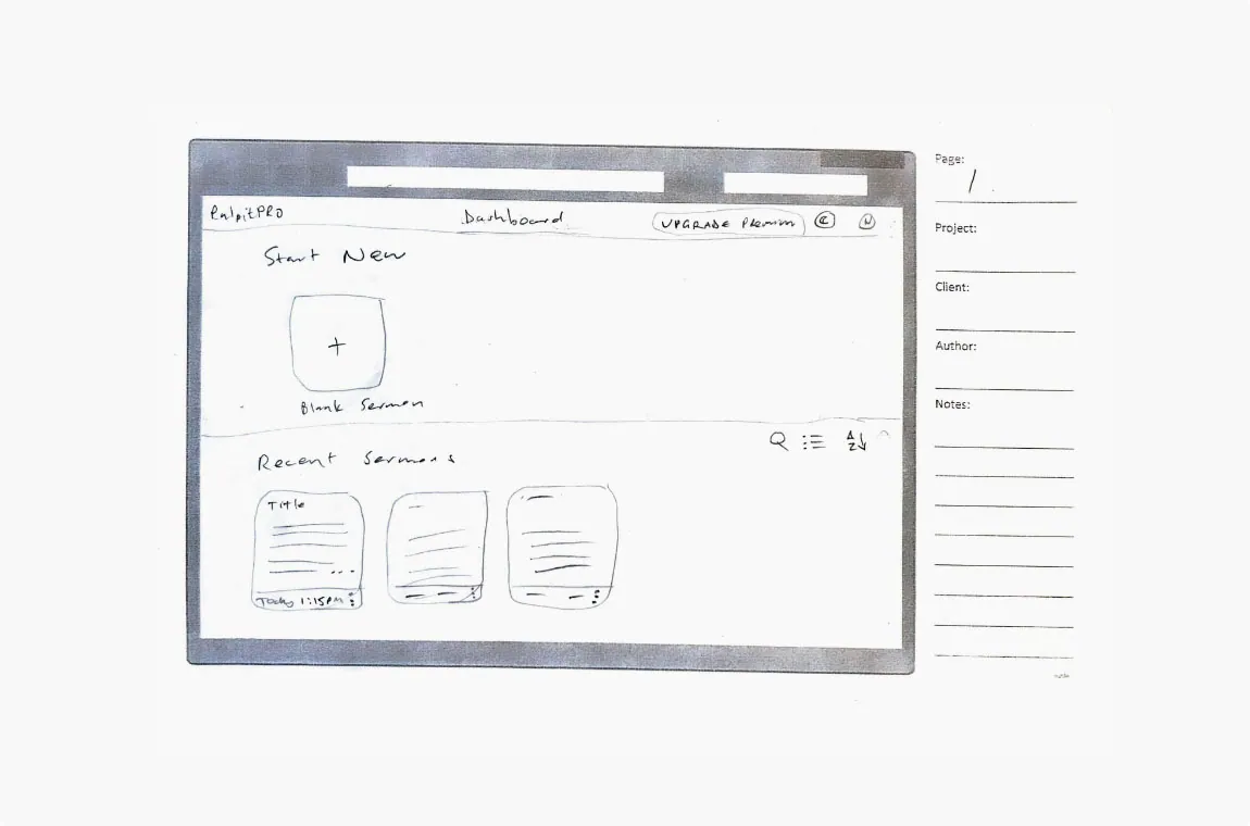 Sketched wireframe for dashboard