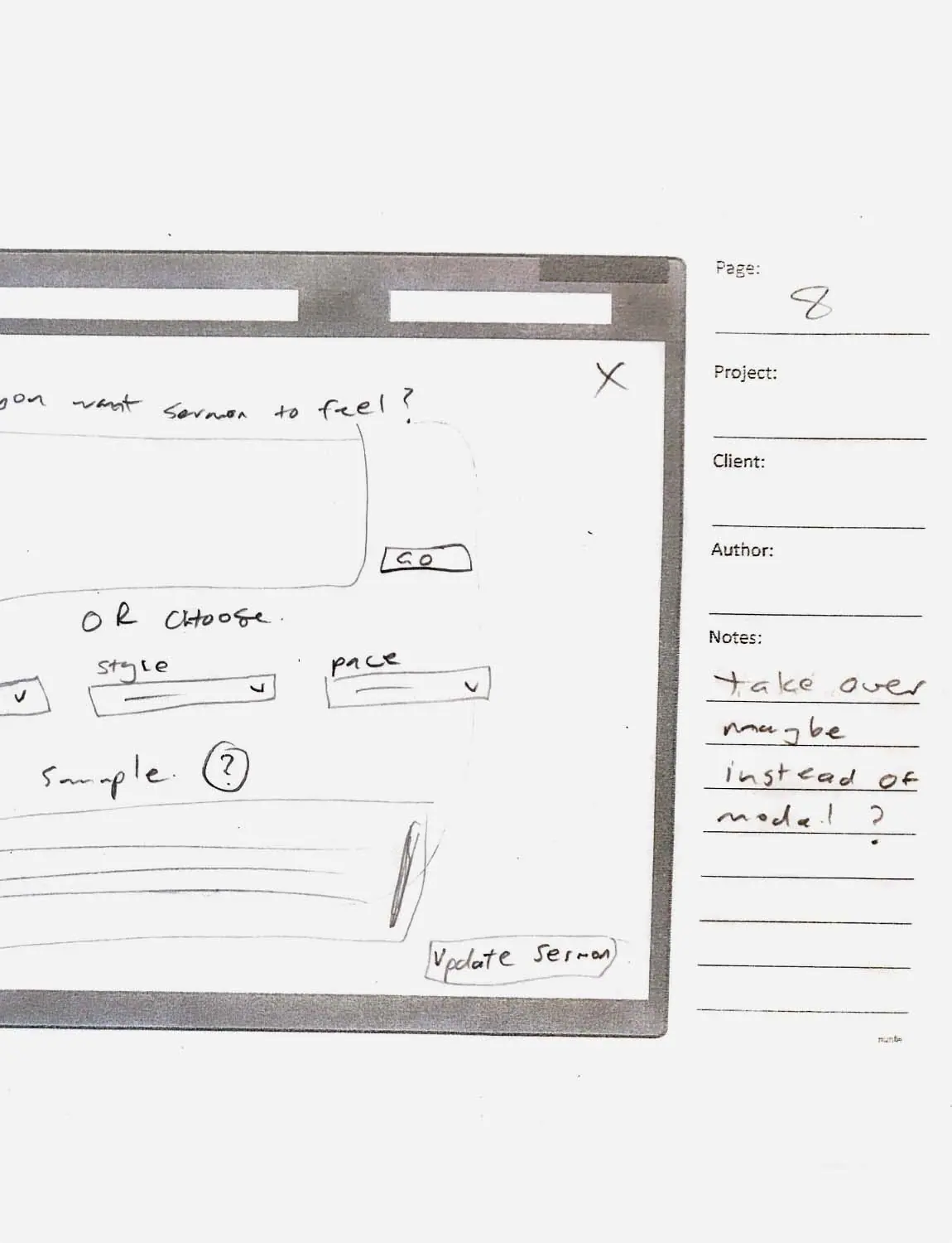 Sketched wireframe closeup discussing interaction ideas.