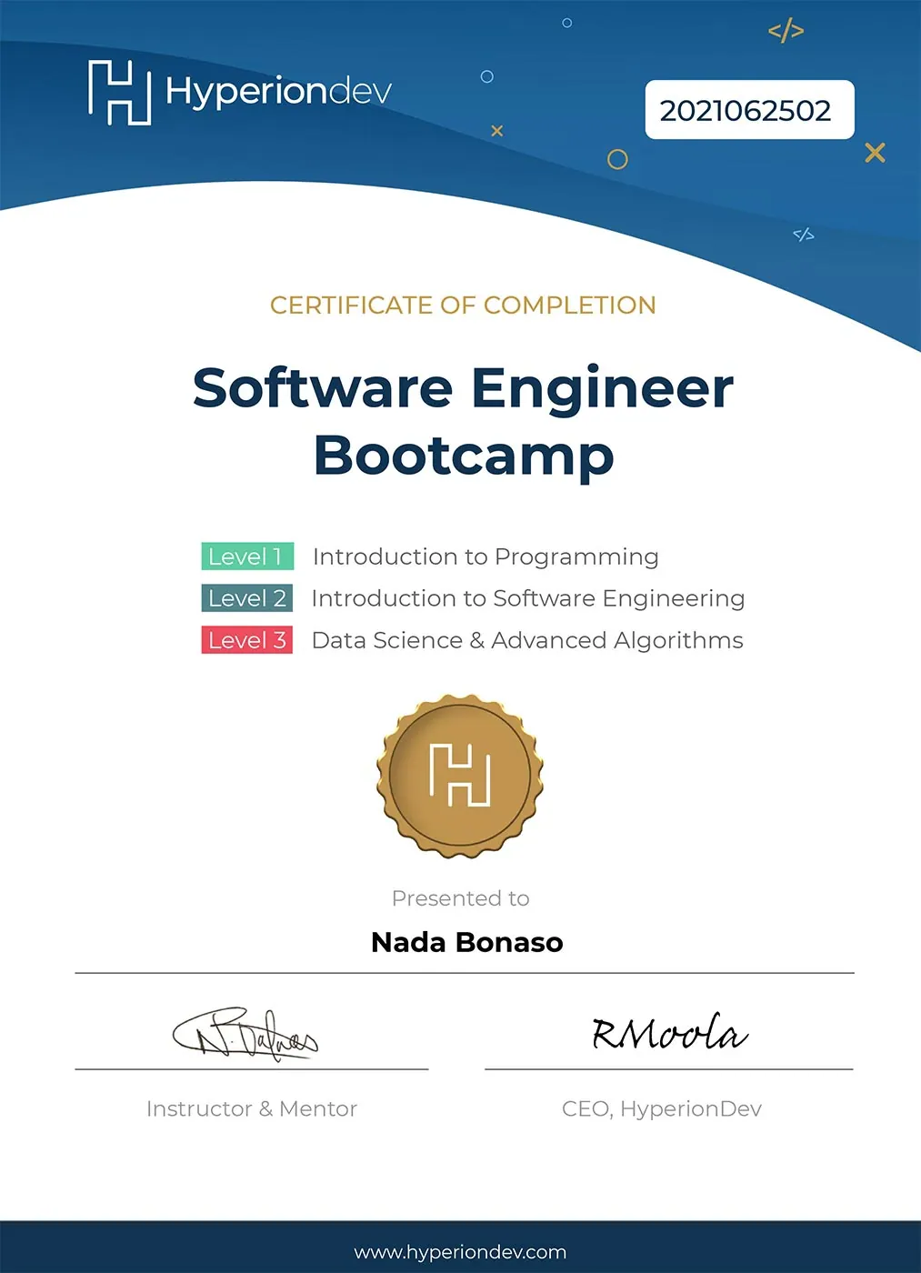 Software Engineering Bootcamp course certificate