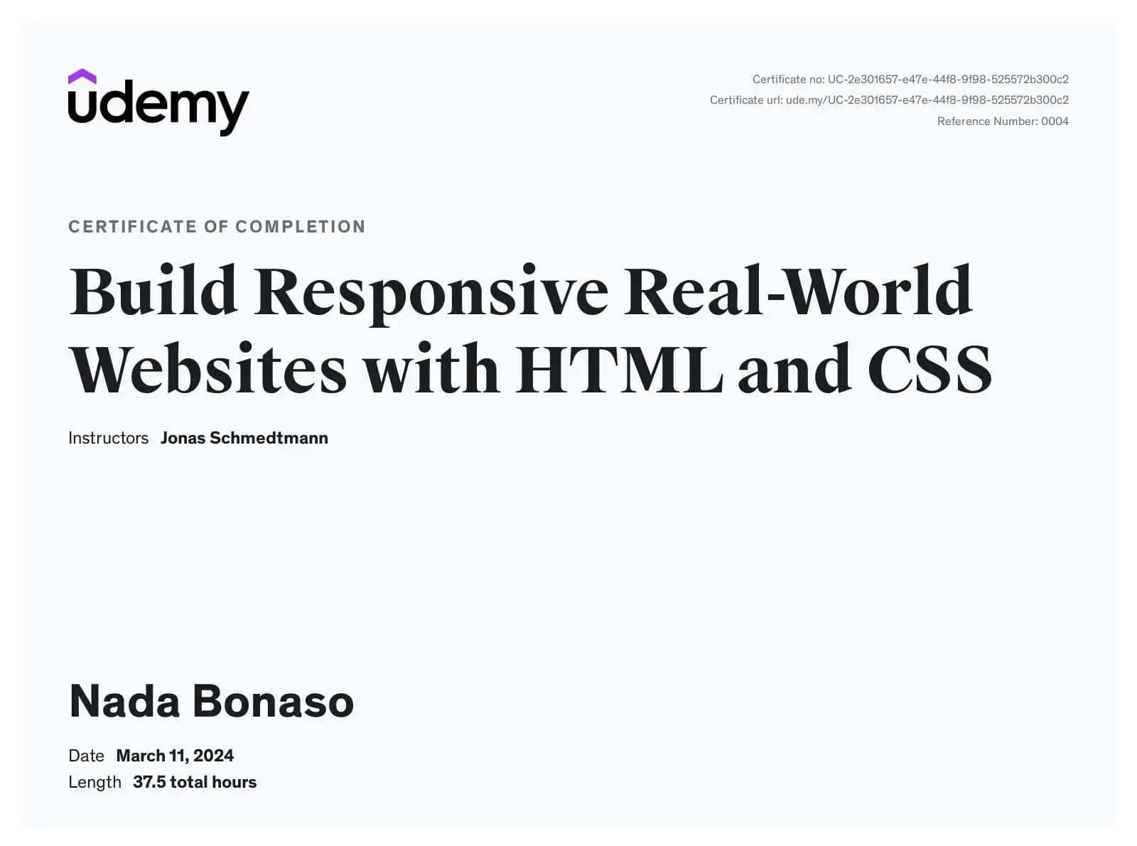 Build Responsive Real-World Websites with HTML and CSS certificate