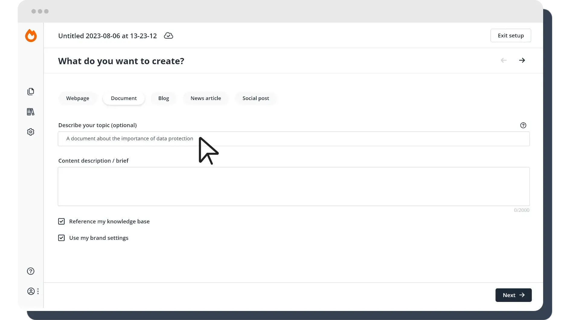 Product screenshot for creating a new document