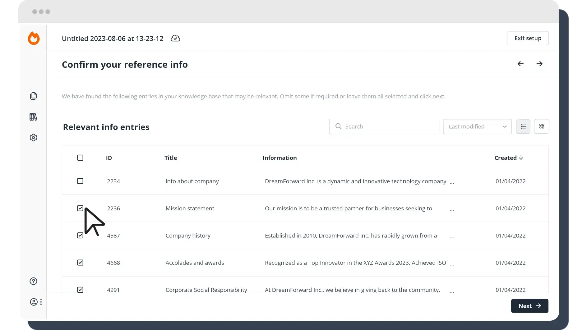 Product screenshot selecting information references
