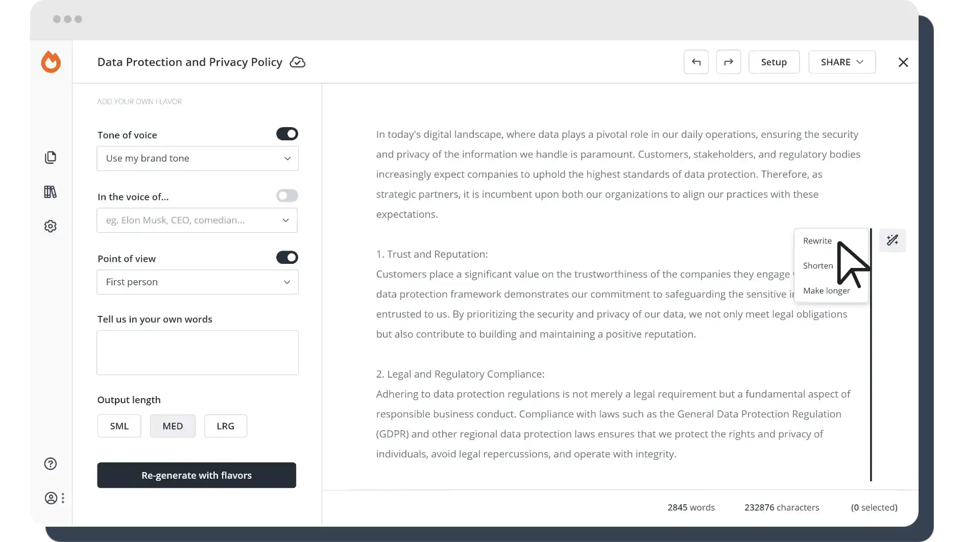 Product screenshot for selecting text to rewrite